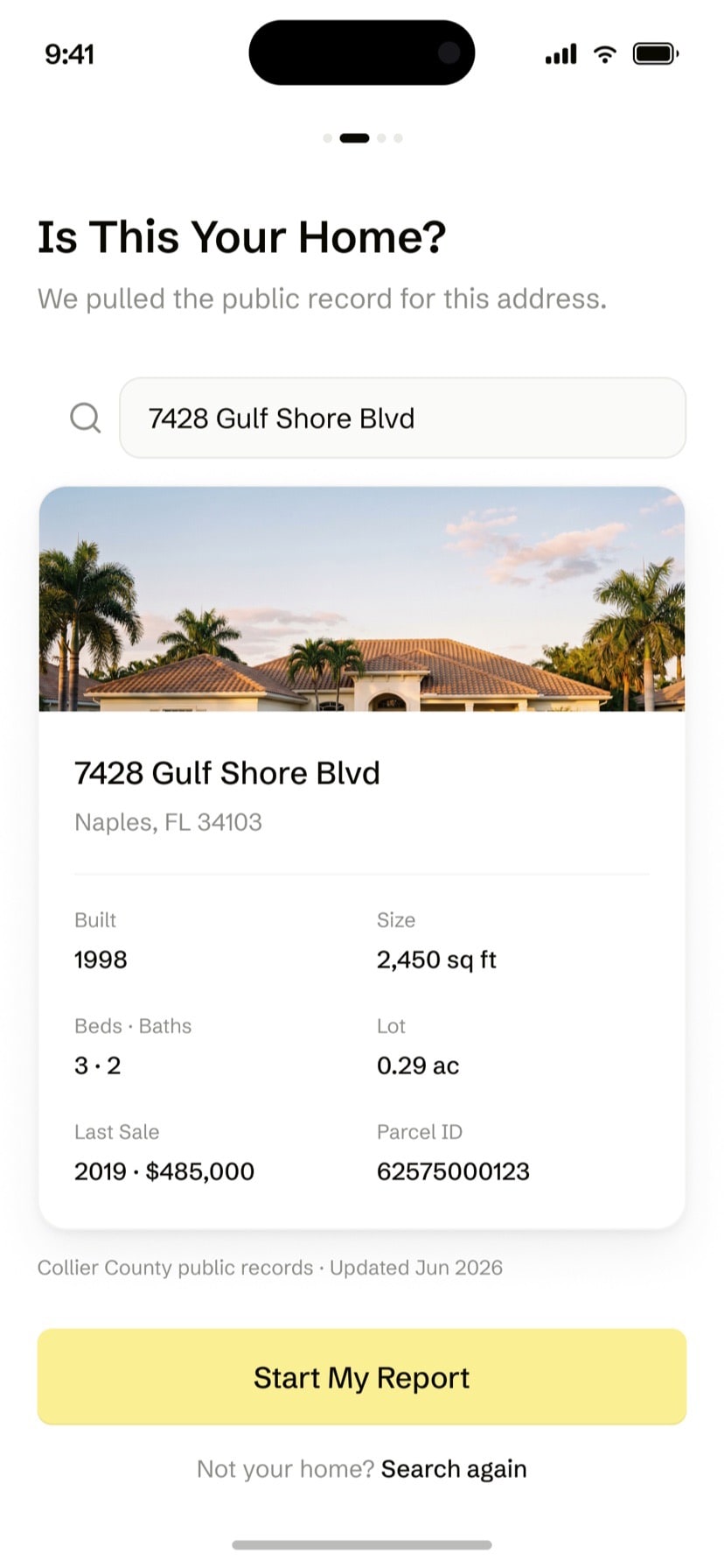 Is this your home? — the public record pulled for the address: built, size, lot, last sale, parcel ID
