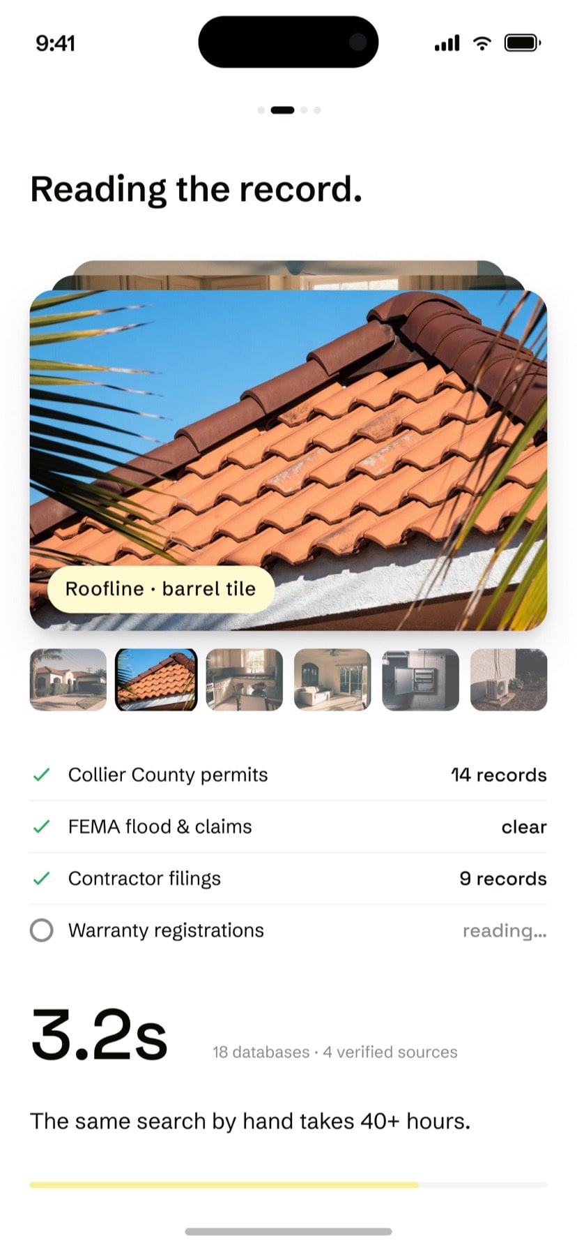 Reading the record — county permits, flood data and contractor filings scanned in seconds