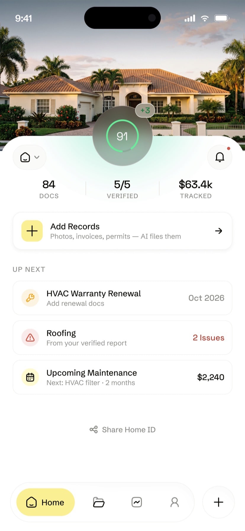 Home — a 91 with all five systems verified, 84 documents filed and $63.4k of tracked work
