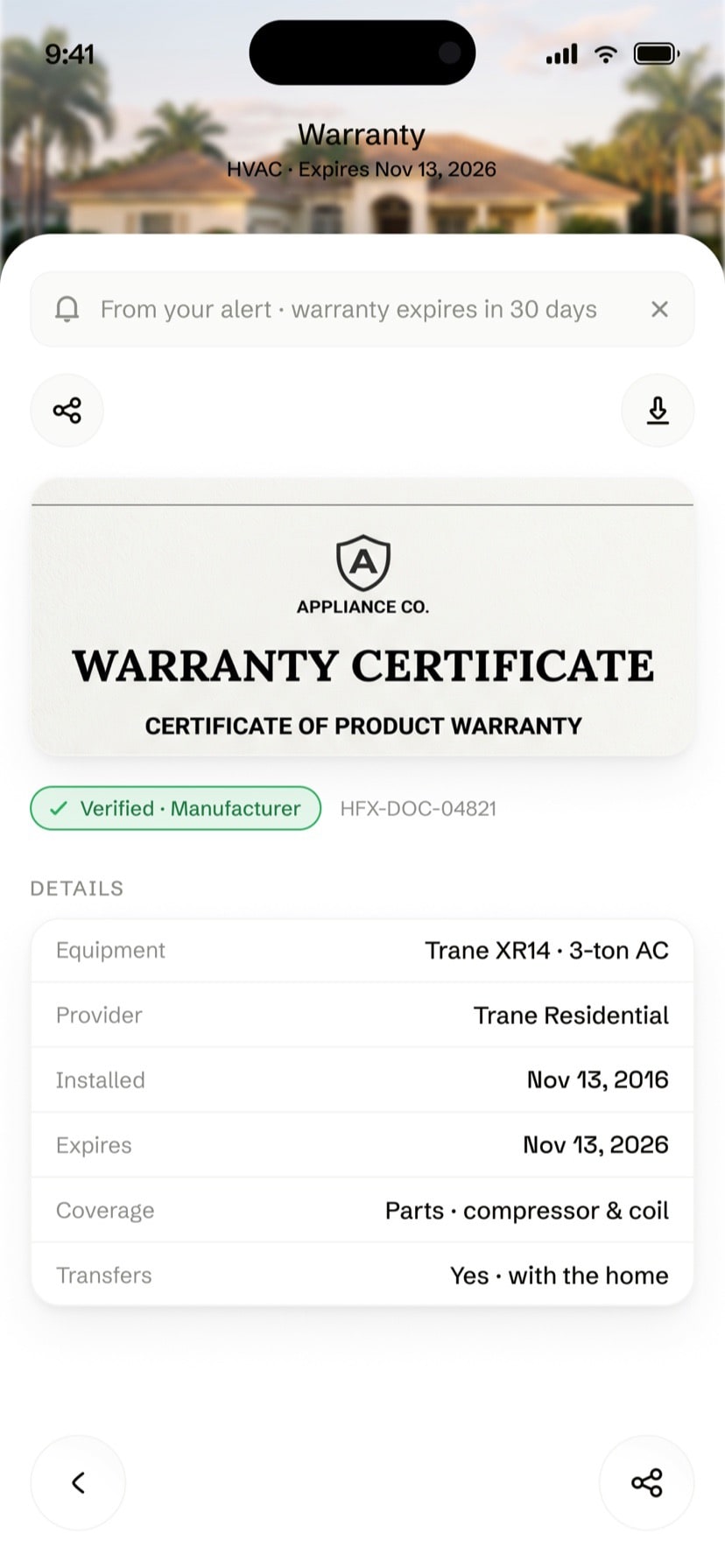 Warranty — an HVAC warranty filed against the house, verified with the manufacturer, transfers with the home