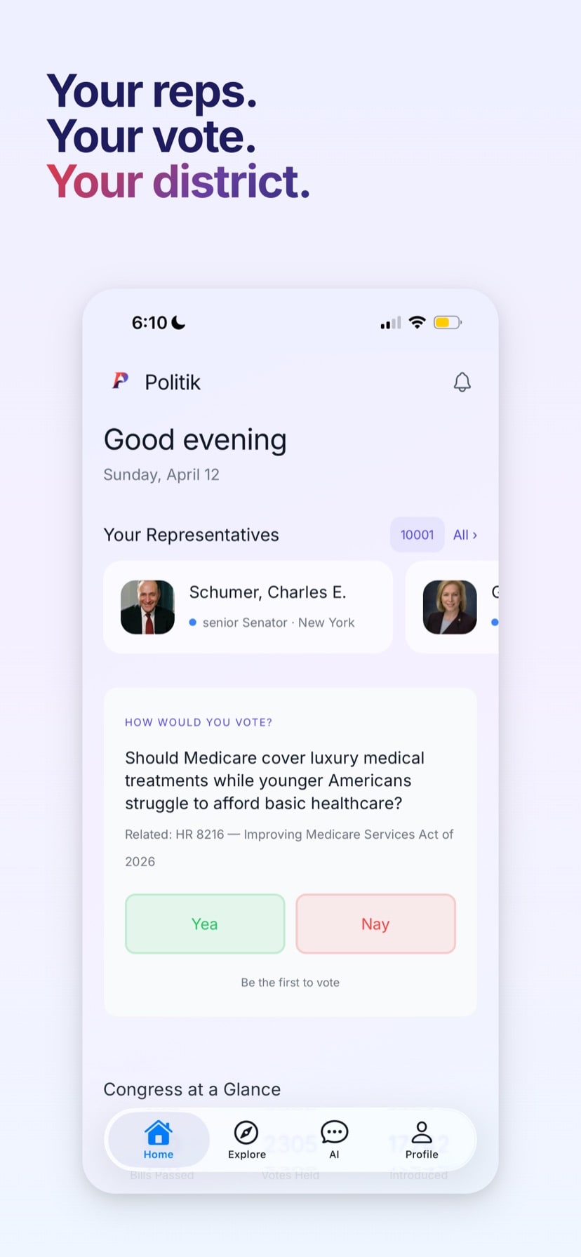 Home — your representatives, today's poll, and Congress at a glance
