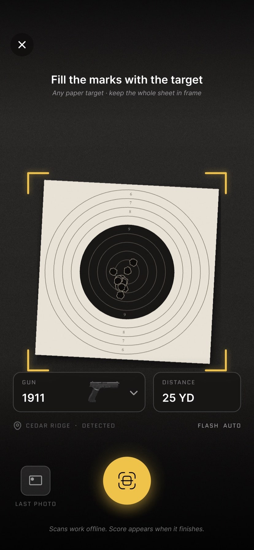 Scan — fill the marks with any paper target; gun and distance prefilled from your last session