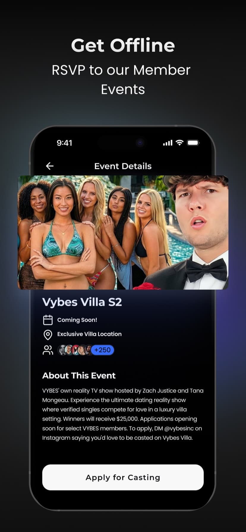 Member events — RSVP to exclusive offline meetups like Vybes Villa